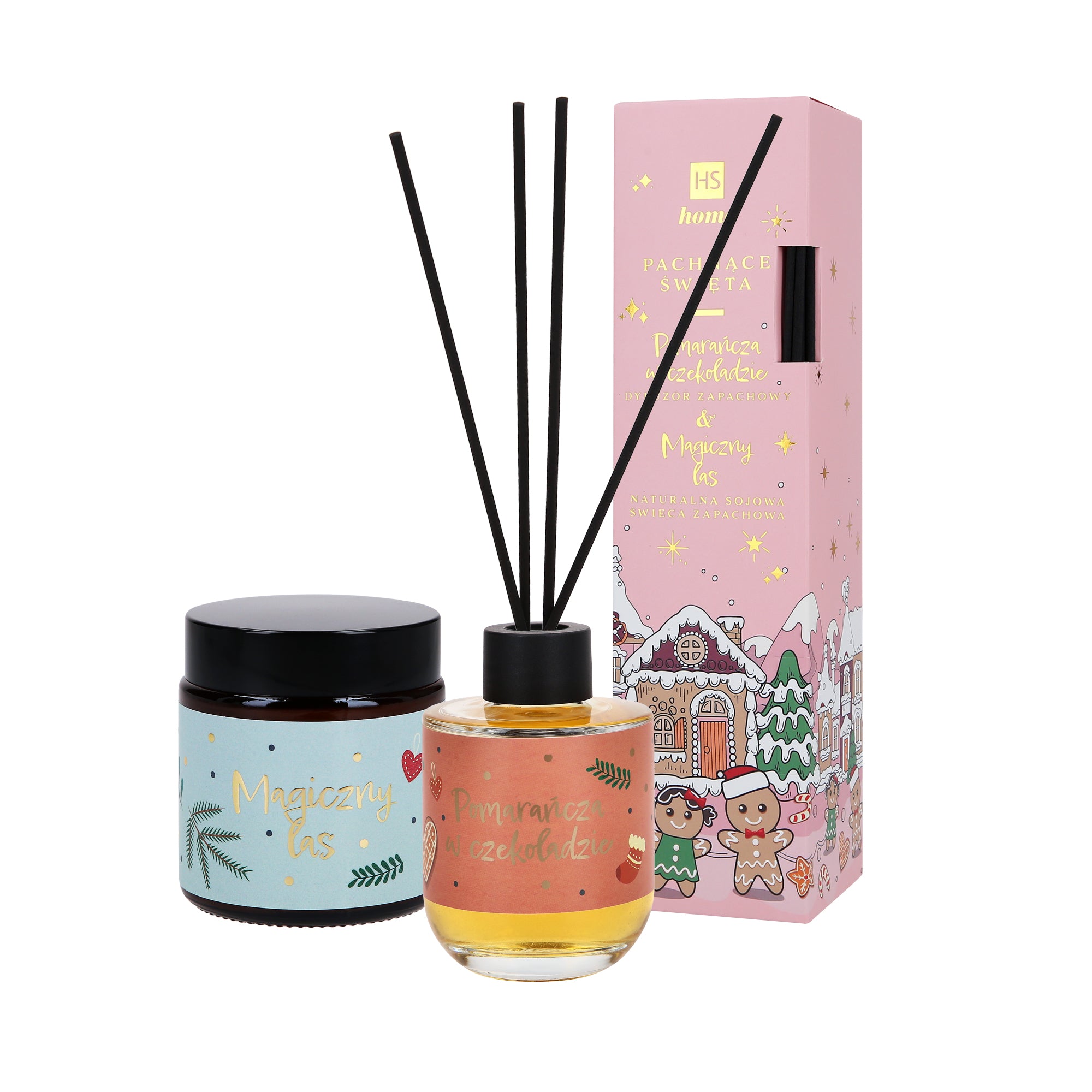 HISKIN HOME VONÍCÍ VÁNOCE Pomeranč v čokoládě vonící difuzér 80ml + sojová vonná svíčka magic forest 100ml