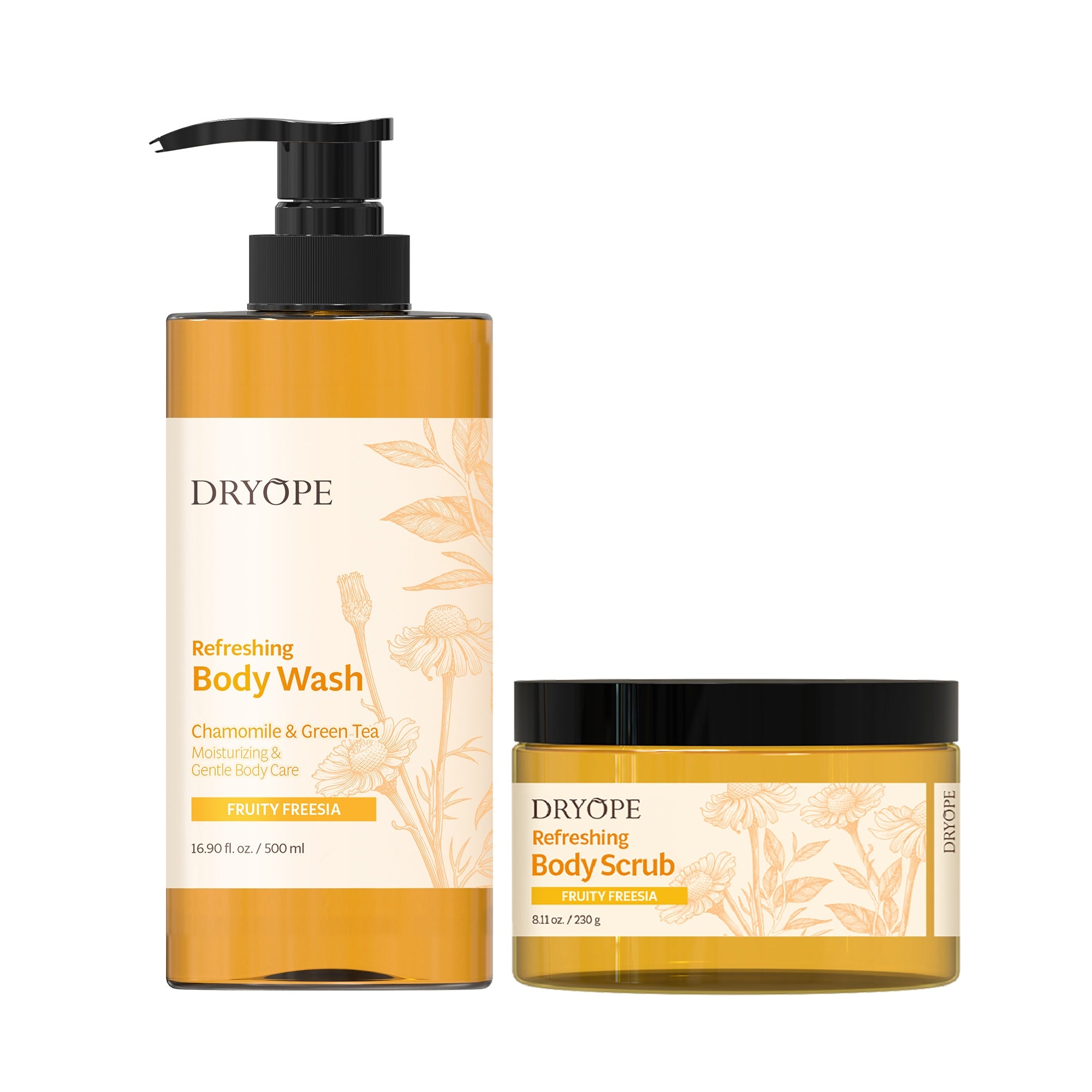 DRYOPE FRUITY FREESIA Set, Gel doccia vegano 500 ml + Scrub corpo nutriente 230 g