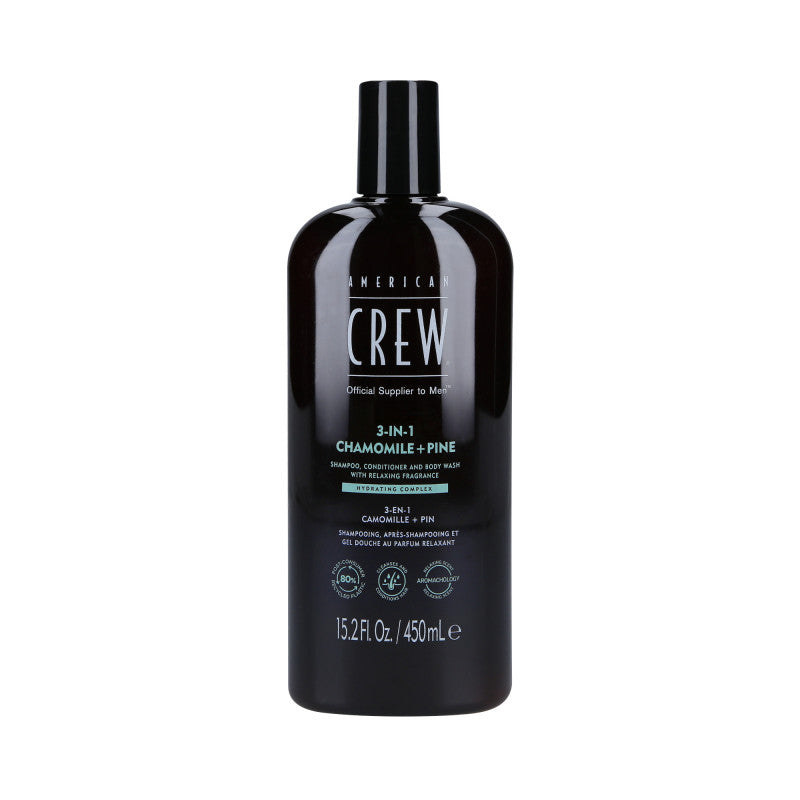 AMERICAN CREW 3-IN-1 Shampoing, après-shampooing et gel douche, Trois en un au parfum de camomille et de pin 450ml
