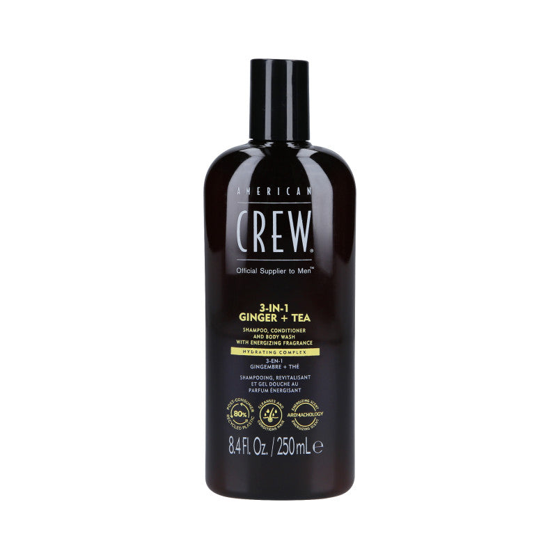 AMERICAN CREW 3-IN-1 GINGER&TEA Shampoing, après-shampoing et gel douche, Trois en un au parfum de gingembre et de thé 250 ml