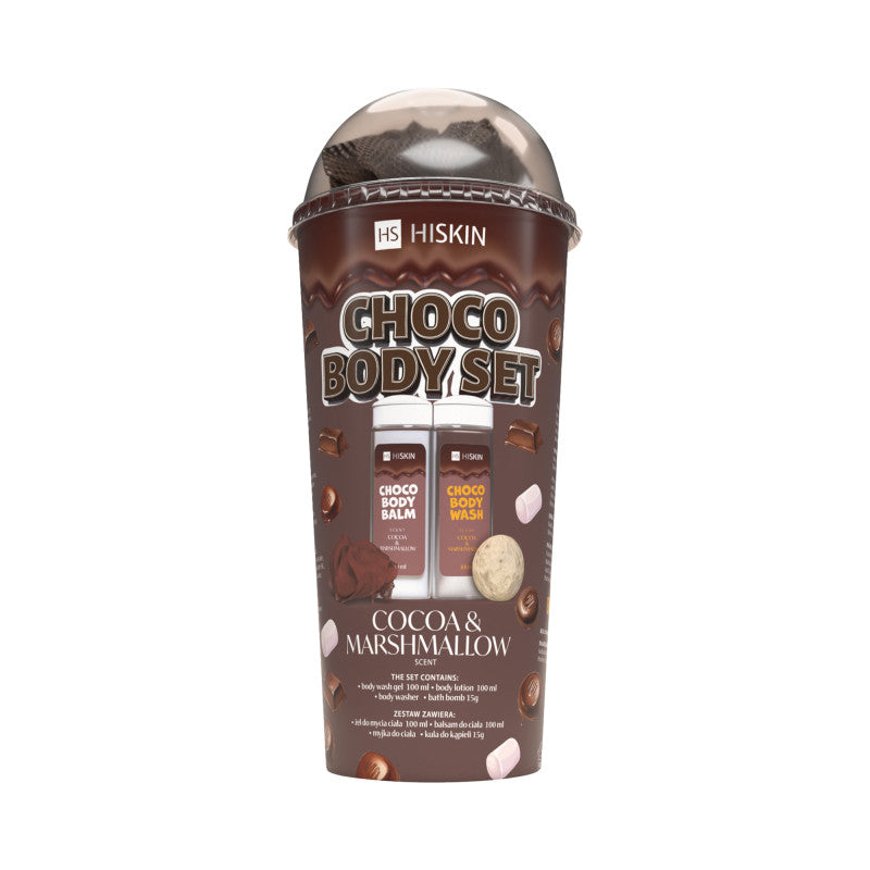 HISKIN BODY CHOCO SET Koupací set v tubě: tělový gel 100ml + tělové mléko 100ml + žínka + kulička 15g