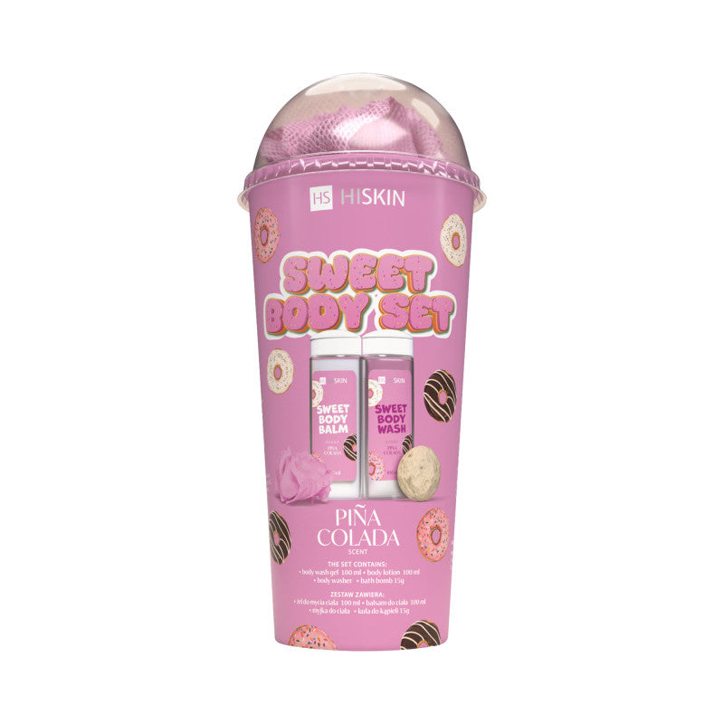 HISKIN BODY SWEET SET Koupací set v tubě: tělový gel 100ml + tělové mléko 100ml + žínka + kulička 15g