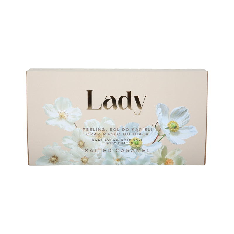 HISKIN LADY Set donna Sali da bagno + Scrub corpo + Burro corpo salato Caramello 3x200ml