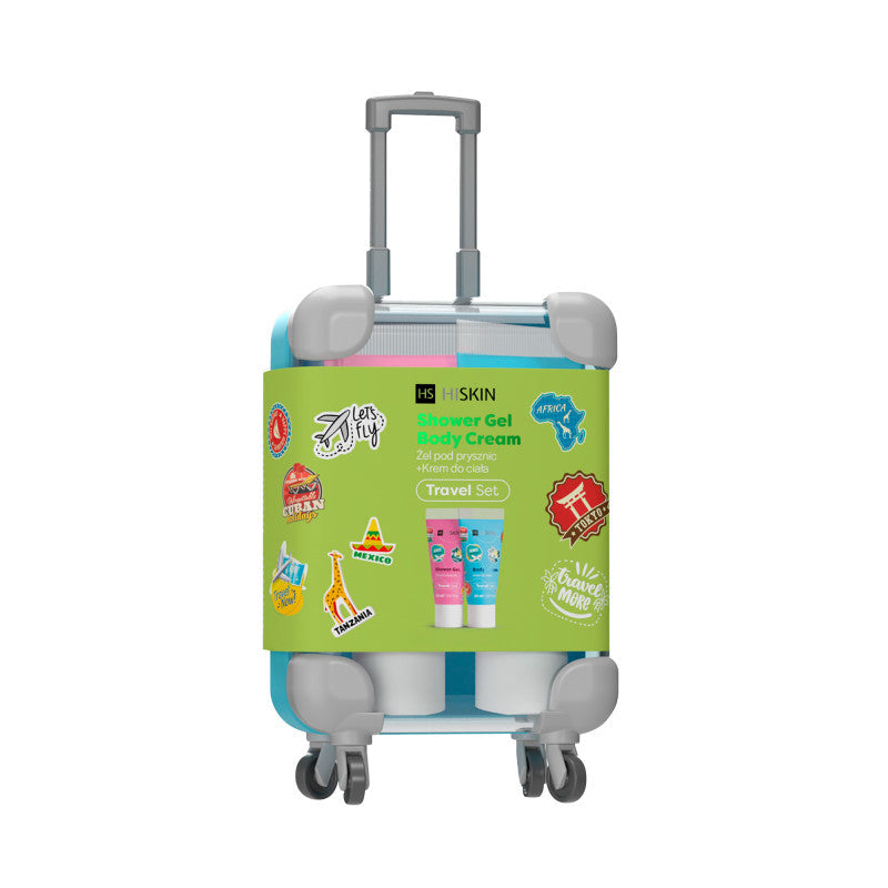 HISKIN TRAVEL SET Wakacyjna walizka w zestawie mini żel pod prysznic 30 ml + lotion do ciała 30 ml