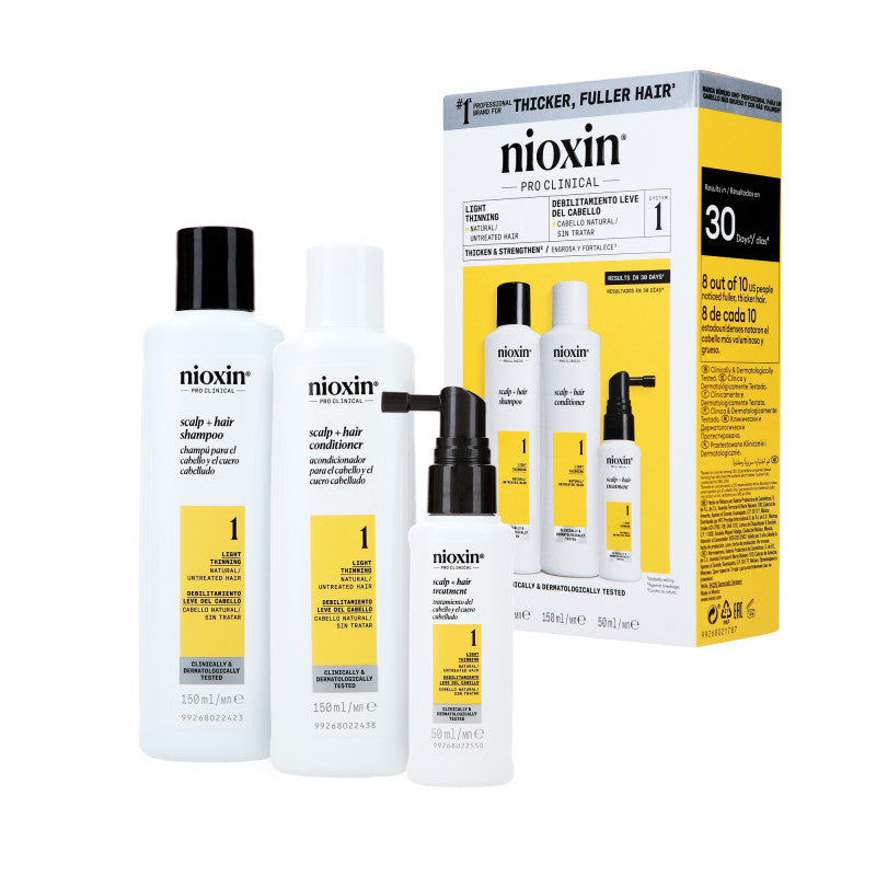 NIOXIN PRO CLINICAL 1 Coffret de soins capillaires en trois étapes pour cheveux naturels et légèrement clairsemés 2 x 150 ml + 50 ml